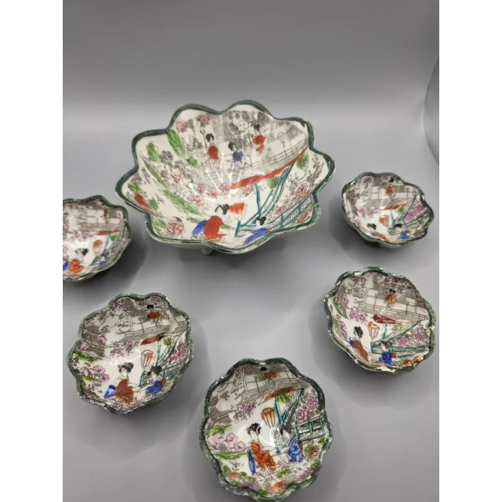 Vintage Japan Geisha Ware Porcelain Footed Bowl Set 7 Pc Scalloped Hand Painted
